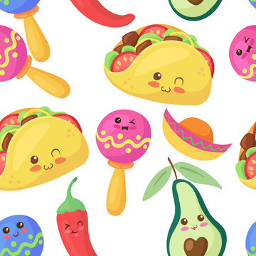 Funny Mexican food characters seamless pattern. Happy smiling food mascot vector illustration isolated on white background. Wrapping paper, postcard concept. Taco, Chili Pepper, Avocado, Maracas.