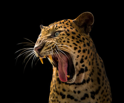 A roaring leopard looks fierce on a black background. © titipong8176734