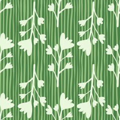Seamless pattern floral branches. Light grey botanic elements on lined green background.