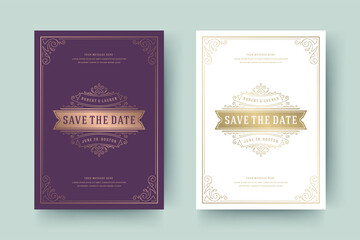 Wedding invitation save the date card template golden flourishes ornaments vignette swirls