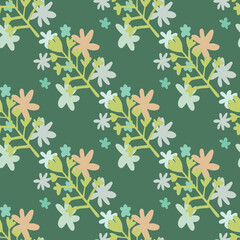 Botanic seamless pattern with green flowers silhouettes and little daisy elements in blue and pink colors. Green background.