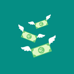 euro banknotes with white wings. Flat icon. Isolated on blue background.