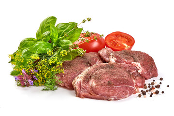 Sliced raw pork steaks, isolated on white background