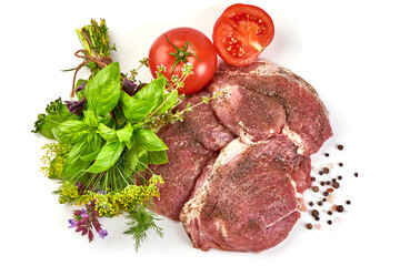 Raw pork steaks, isolated on white background