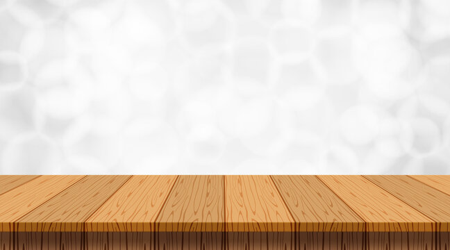 wood plank empty front view on bokeh white grey, copy space background, front of wooden table top blank, vintage wood plank for background, wooden table on silver bokeh, table wood plank front view