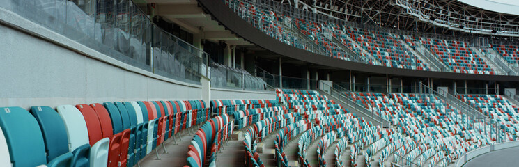 WIDE View of empty stadium seats before game or during Coronavirus COVID-19 pandemic