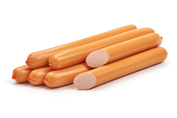 Boiled sausages in the polymer shell, isolated on white background