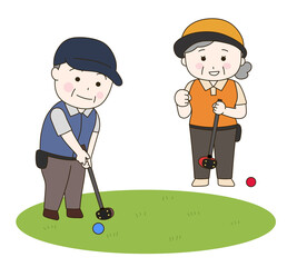 Elderly man and woman playing park golf. Vector illustration isolated on white background.