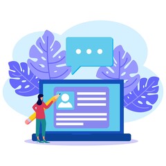 Vector illustration, young woman filling out forms, modern office concepts, infographics, websites, business products, filling resumes, recruiting employees - Vector.