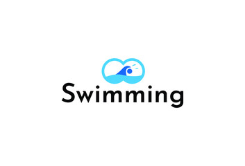 Obraz premium Logo Design For A Swimming Pool.Swimming person.Element of wave.Water drops.Water glasses.Blue color.Elegant.Clean,simple and minimal.
