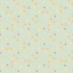 Abstract geometric polka dot seamless pattern. Pastel colorful dots on light blue background. Decorative backdrop for fabric design, textile print, wrapping paper, cover. Vector illustration.