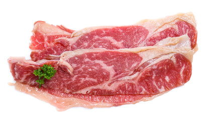 Fresh raw beef meat slices isolated over white background