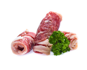 Fresh raw beef meat slices isolated over white background