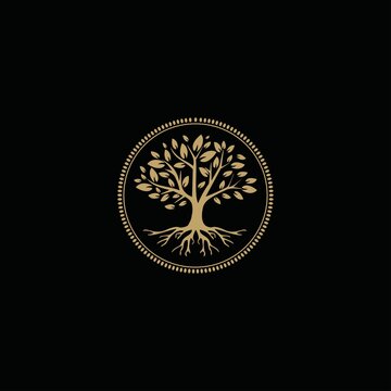 golden Tree of Life Stamp Seal Emblem Oak Banyan Maple logo design