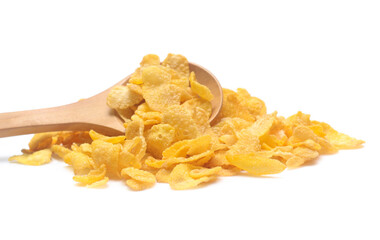 Cornflakes on spoon wood isolated on white background