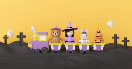 Halloween background with cute witch ,pumpkins and friends  3d rendering 