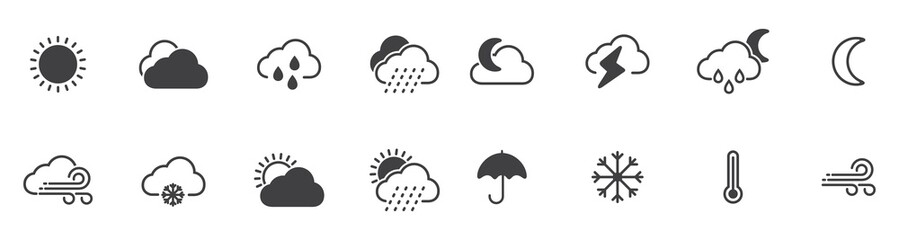 Weather icons set, Weather isolated on a white background. Clouds logo and sign, vector illustration