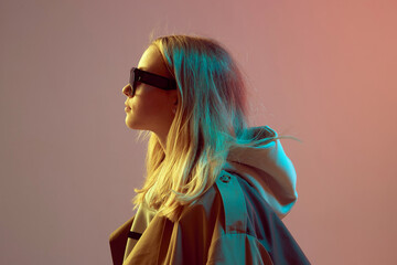 Portrait of a cool stylish young girl, posing in hoodie, sunglasses and cloak on a neon background.