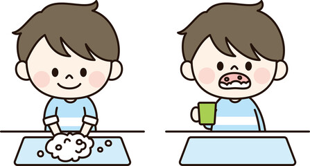手洗いうがいをする男の子