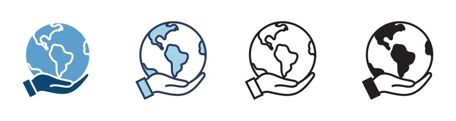globe icon with hand in different style, vector illustration.