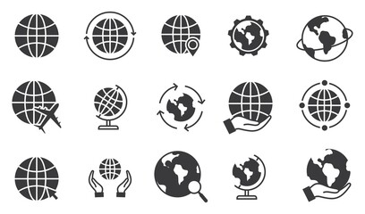 globe related icon set.  such as map, way, globe, globe with plane, globe with hand, world map vector line isolated on white 