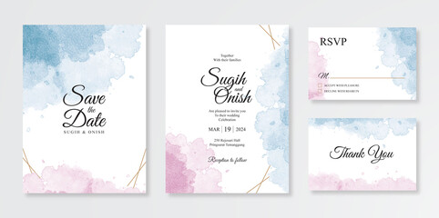Fototapeta na wymiar Beautiful set of wedding invitation templates with watercolor splashes