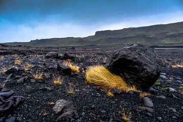 Volcanic black earth surrounds the pink lagoon where the Solheimajokull glacier ends, in the south of Iceland, near Vik