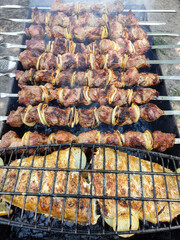 The dish on the grill. Top view of pork kebab and baked fish prepared in the smoke on the grill