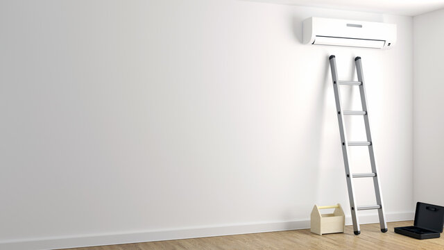 The process of installation, repair of air conditioning on a white wall