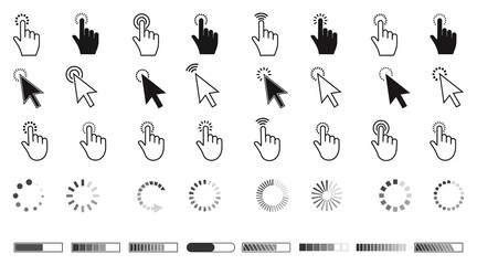 Pointer click icon set. Clicking cursor, pointing hand clicks and loading symbol. Website arrows or hands cursors tools, vector illustration