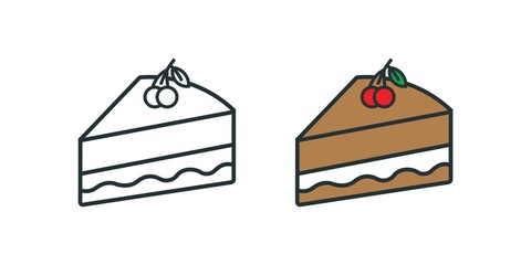 cake slice icon,  Sweet Chocolate Cake Dessert Flat Line Outline Colorful and Stroke Icon, vector illustration