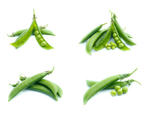 Collection of fresh green peas on white