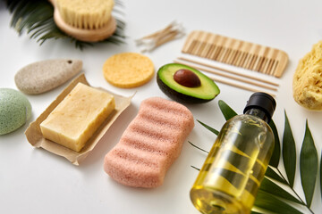 beauty, sustainability and eco living concept - natural cosmetics and bodycare eco products on...