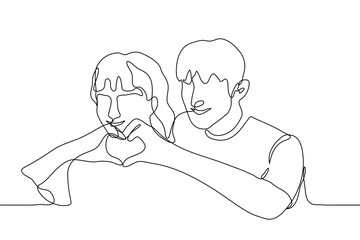 pair of young people (guy and girl) stand nearby and folded a silhouette of the heart with their fingers. Korean gesture "saranhe" means "I love you."one continuous line art gesture of love