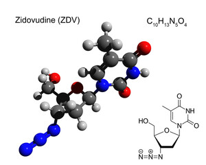 Chemical formula, structural formula and 3D ball-and-stick model of zidovudine (ZDV), also known as azidothymidine (AZT), an antiretroviral medication used to prevent and treat HIV/AIDS