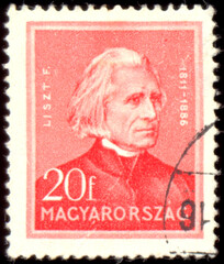 HUNGARY - CIRCA 1932: A stamp printed in Hungary, shows portrait of composer Ferenc Liszt (1811 -...