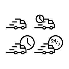 Delivery bus courier icon pack hurry fast on time round the clock 24/7 black vector EPS 10