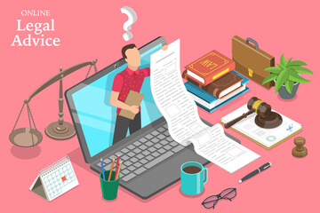 3D Isometric Flat Vector Concept of Online Legal Advice, Law and Justice, Digital Service for Law Consultation.