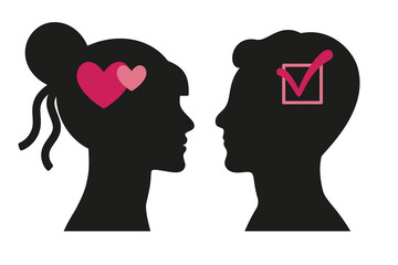 Some men and women logic concept. Mind difference. Two people - two different ways of human thinking. Heart and check mark. Unfair relationship. Work of brain.