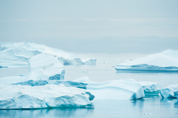 Fototapeta na wymiar Blue icebergs in Atlantic ocean in foggy morning. Saqqaq village, west coast of Greenland