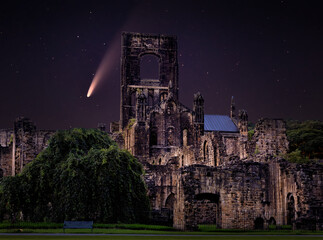 The night sky and Comet Neowise C / 2020 over the ruined Kirkstall Abbey. Leeds city. UK © ARTem