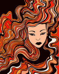 The face of a young girl with red curly hair and black lips.