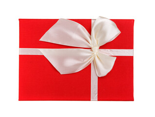 Red gift with white bow on a white background.