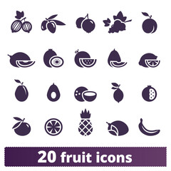 Fruits and berries icons. Blueberry, pineapple, banana, gooseberry, citrus and other symbols. Vector collection of food pictograms isolated on white background.
