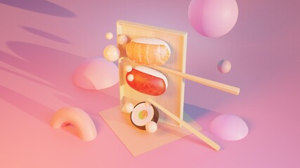 Sushi set on wooden board and chopsticks. Isolated on pink background. concept of snack, sushi, exotic nutrition, sushi restaurant, sea food. 3d rendering.