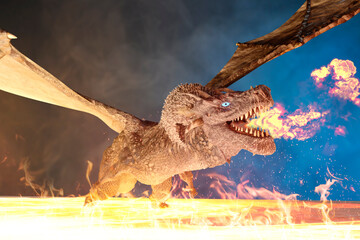 fire dragon  breathing out huge hot flame fantasy scene. 3D rendering