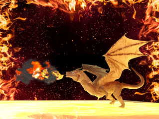 fire dragon  breathing out huge hot flame fantasy scene. 3D rendering