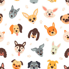 Pattern, dogs, cartoony, childish, funny. Vector seamless background