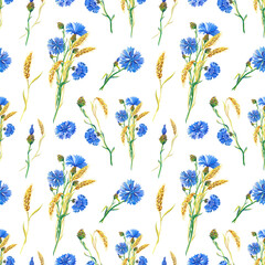 Fototapeta na wymiar Blue cornflowers, wheat.Watercolor floral seamless pattern. Watercolour Illustration with flower