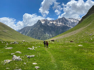 Fototapeta na wymiar Two climbers are walking along a green trail. Aerial view of a beautiful mountain summer landscape.